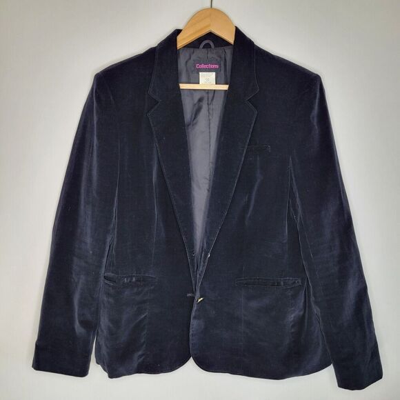 Vintage COLLECTIONS Black Velvet Blazer Jacket Size 16 Cotton Japan 2 Button - Picture 5 of 8